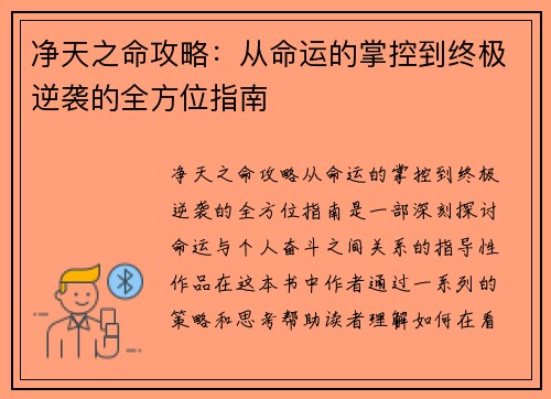 净天之命攻略：从命运的掌控到终极逆袭的全方位指南