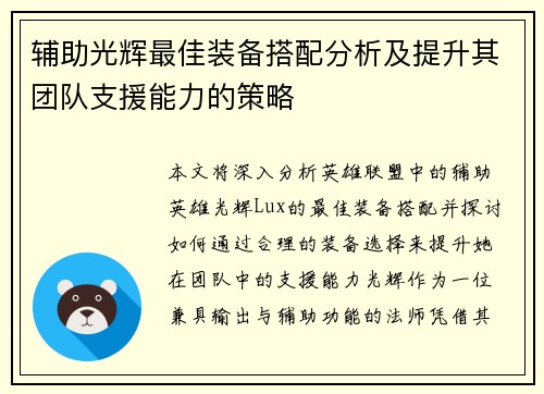 辅助光辉最佳装备搭配分析及提升其团队支援能力的策略